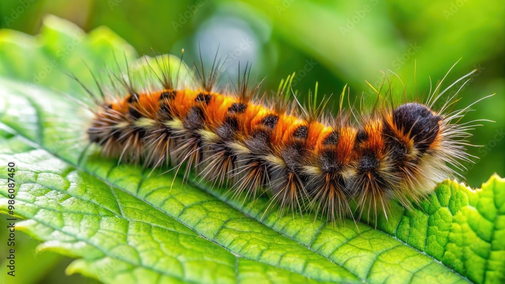 Brown and black stripes decorate the fuzzy caterpillar as it moves laboriously across a lush green leaf, leaving behind a silvery trail. Brown and black stripes decorate the fuzzy caterpillar as it moves laboriously across a lush green leaf, leaving behind a silvery trail.