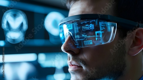 Close-up of a man wearing augmented reality smart glasses with futuristic data overlays, representing technology, innovation, and virtual interaction.