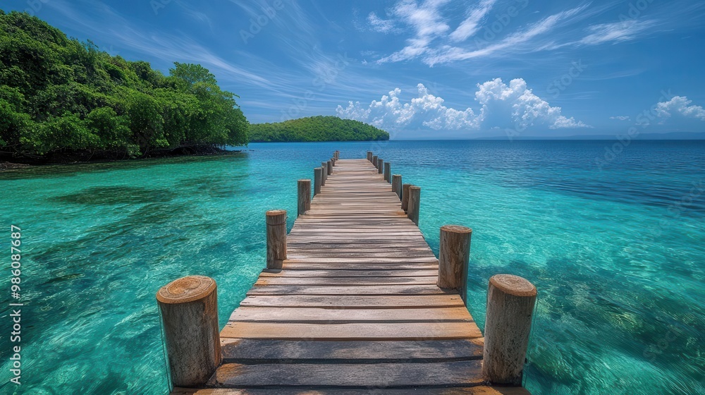 serene wooden pier extending into a turquoise tropical sea lush green island on the horizon under a brilliant blue sky with wispy clouds serene wooden pier extending into a turquoise tropical sea lush green island on the horizon under a brilliant blue sky with wispy clouds