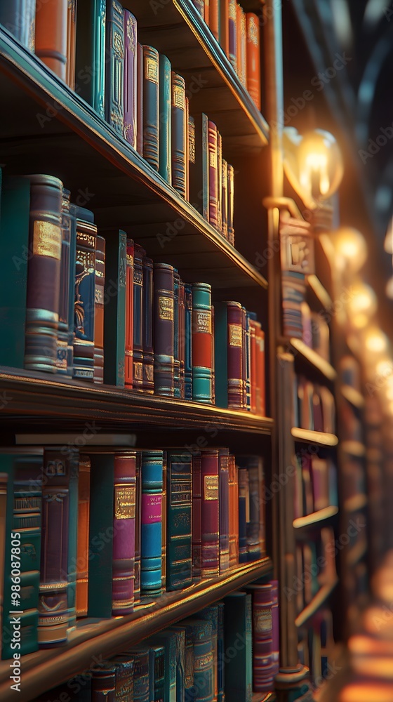 A wide view of rows and rows of books in the library, low-angle shot, depth of field, close-up, cinematic A wide view of rows and rows of books in the library, low-angle shot, depth of field, close-up, cinematic