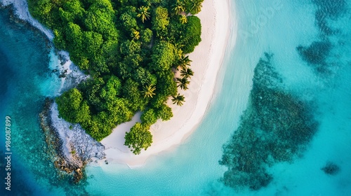 Aerial View of Tropical Island with White Sandy Beaches and Clear Blue Water, AI generated illustration