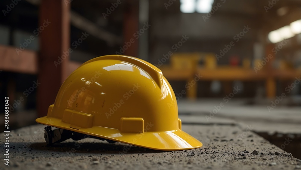 Yellow construction safety helmet on an industrial site.