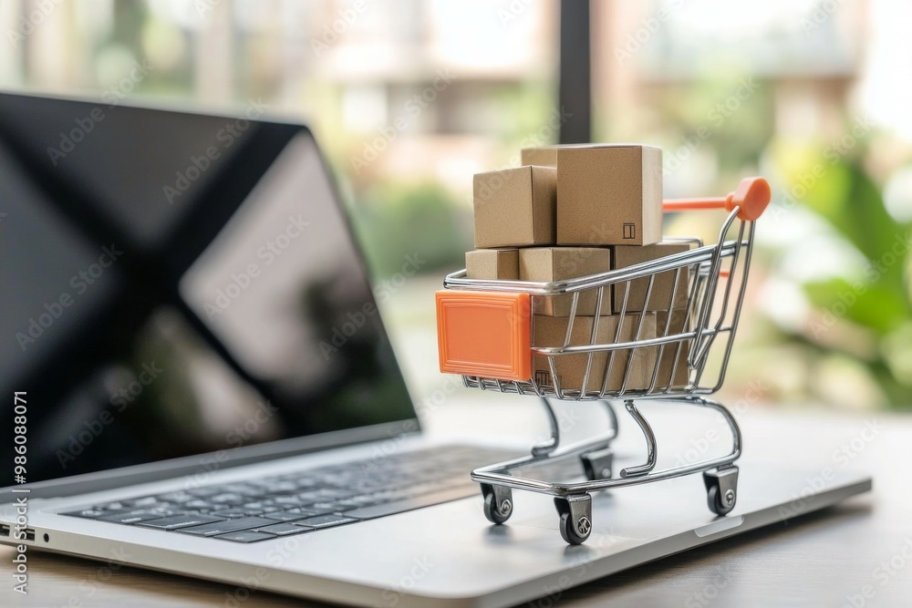 A miniature shopping cart with boxes inside stands on the table in front of an open laptop. A miniature shopping cart with boxes inside stands on the table in front of an open laptop.