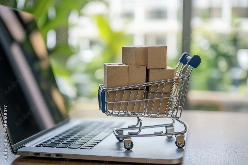 A miniature shopping cart with boxes inside stands on the table in front of an open laptop. A miniature shopping cart with boxes inside stands on the table in front of an open laptop.