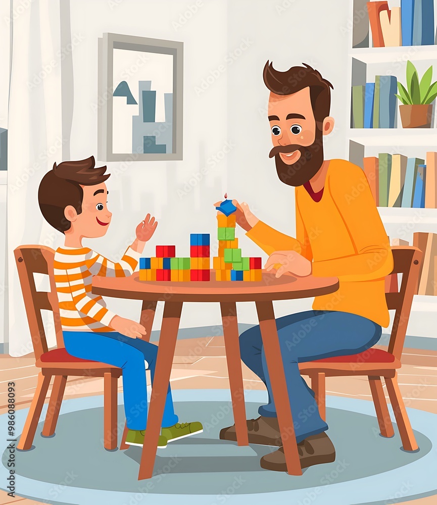 Father and Son Playing Blocks Together in Living Room Father and Son Playing Blocks Together in Living Room
