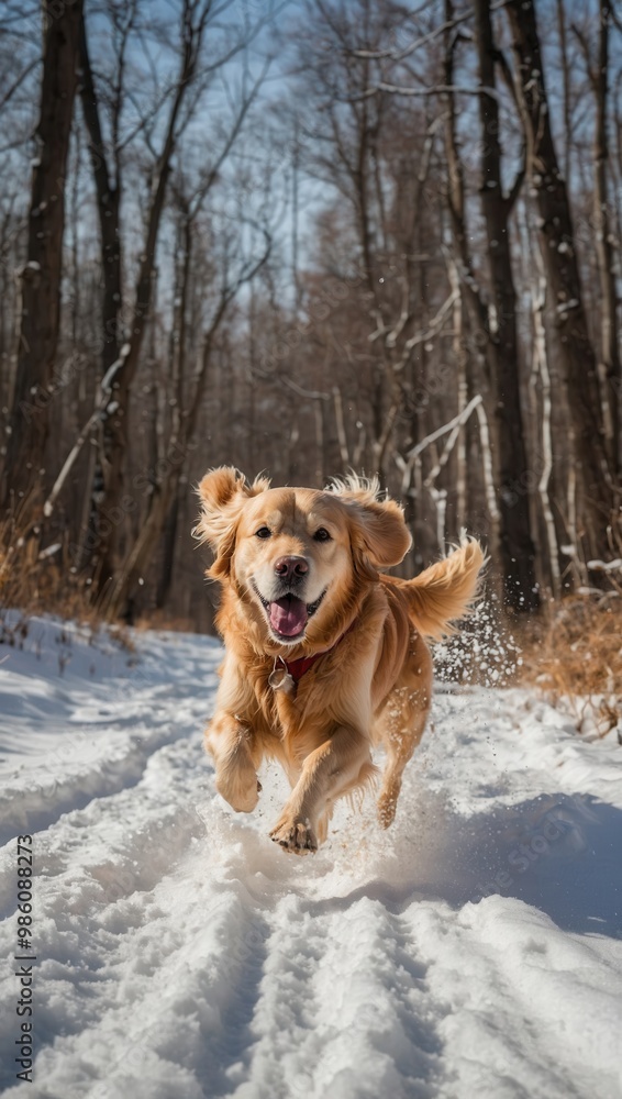 Golden retriever running on snowy path with ears flapping Golden retriever running on snowy path with ears flapping