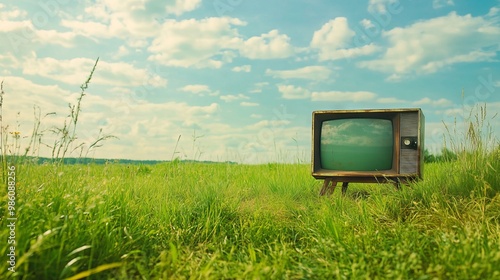 Old Retro TV in a Summer Field with Bright Light Colors, AI generated illustration