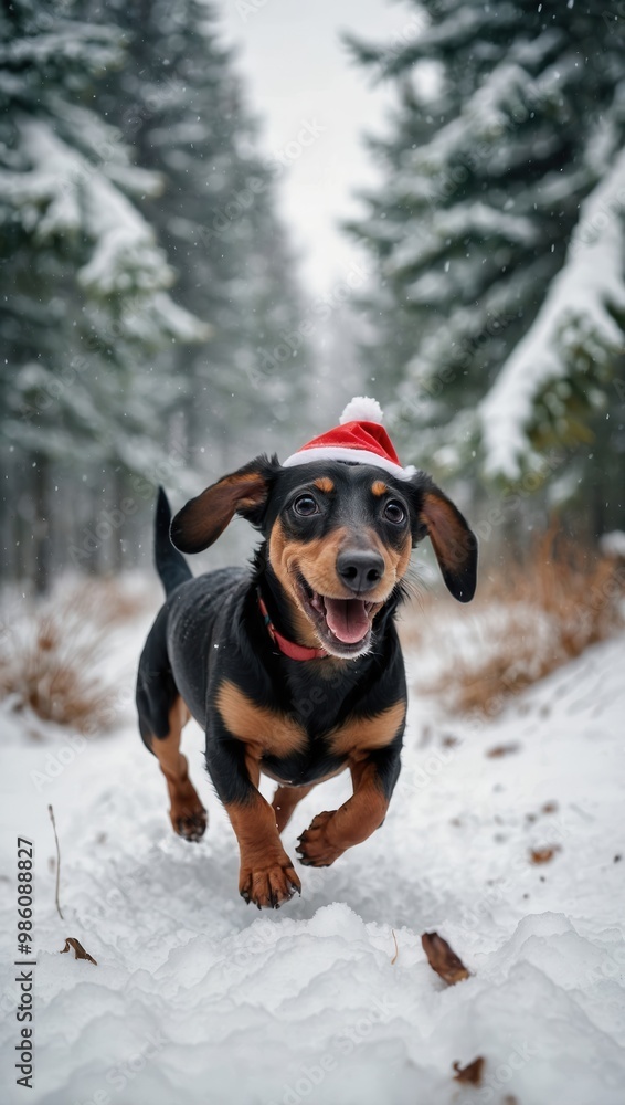 Dachshund Running in Snow with Santa Hat in Wintry Forest Dachshund Running in Snow with Santa Hat in Wintry Forest