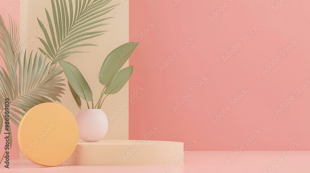 Minimalist Product Display with Palm Leaves and Pink Background