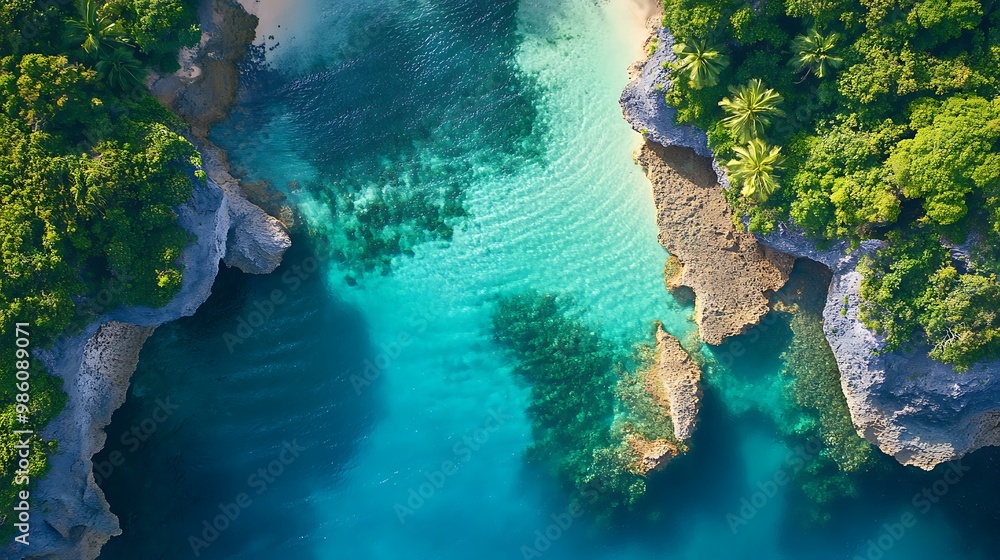 Aerial View of Tropical Island Cove with Clear Blue Water Aerial View of Tropical Island Cove with Clear Blue Water