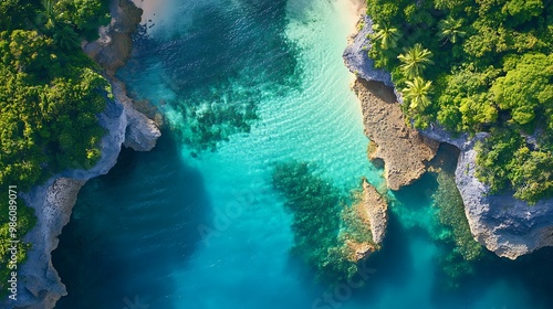 Aerial View of Tropical Island Cove with Clear Blue Water