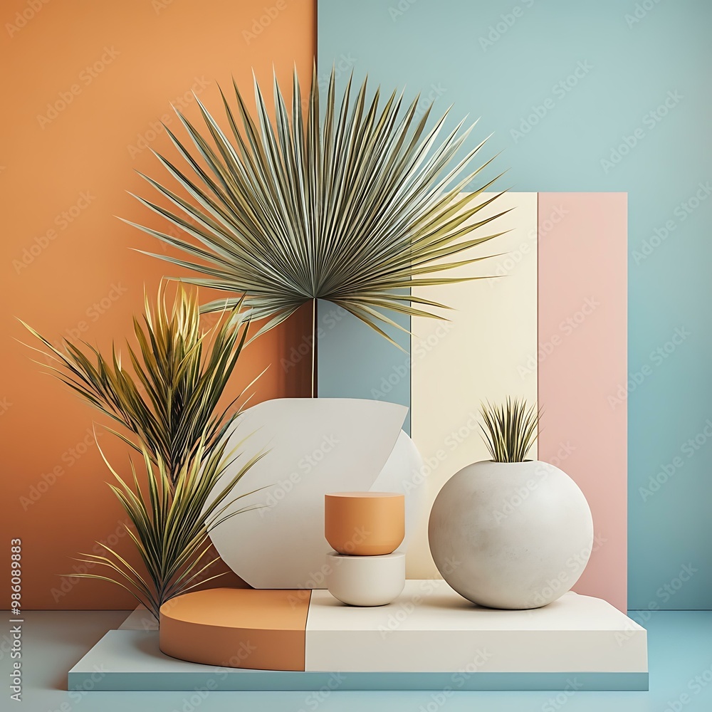 Minimalist Geometric Shapes With Palm Leaves Minimalist Geometric Shapes With Palm Leaves