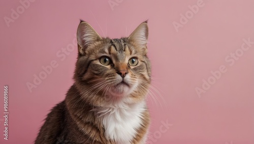 Tabby Cat Yawning or Meowing on Pink Background