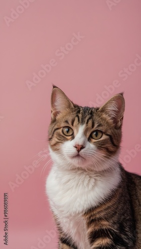 Striped Cat Sitting on Pink to White Gradient Background