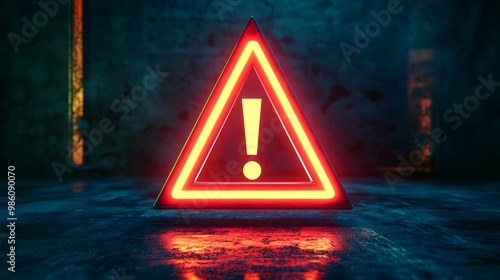 A bright, neon red warning sign with an exclamation mark in a dark, industrial setting, symbolizing caution and danger.