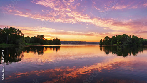 Dawn over a serene lake; golden light illuminates the sky in pink and lavender hues with wispy clouds.