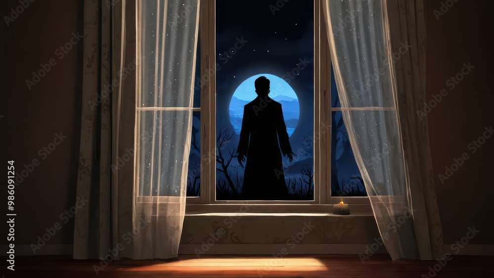 A shadowy figure stands before a large window, gazing out into the starry night, illuminated by the soft glow of a candle at their feet A shadowy figure stands before a large window, gazing out into the starry night, illuminated by the soft glow of a candle at their feet