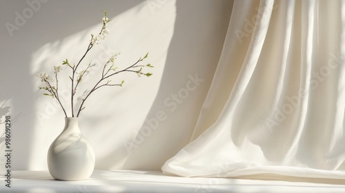 White ceramic vase with small flowering branches in front of a sheer curtain with light streaming in.