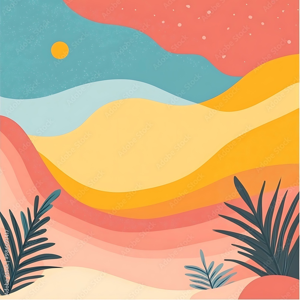 Abstract Landscape with Palm Trees and Sun Abstract Landscape with Palm Trees and Sun