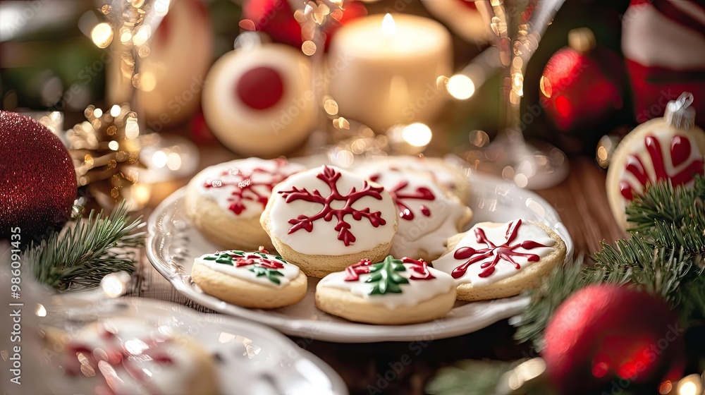 A festive display of decorated holiday cookies on a plate, surrounded by Christmas ornaments and sparkling lights. A festive display of decorated holiday cookies on a plate, surrounded by Christmas ornaments and sparkling lights.