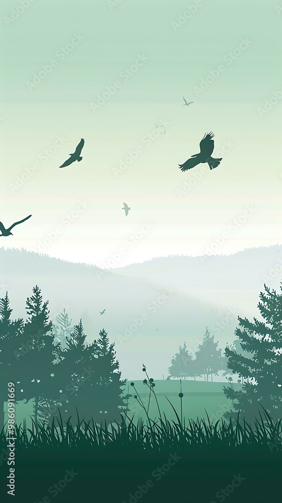 Green Landscape With Birds Flying in the Sky Green Landscape With Birds Flying in the Sky