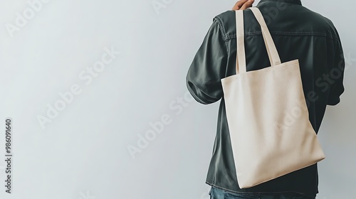 Minimalistic image of a man carrying a plain beige tote bag on his shoulder, standing against a white background.