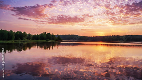 Dawn over a serene lake; golden light illuminates the sky in pink and lavender hues with wispy clouds.