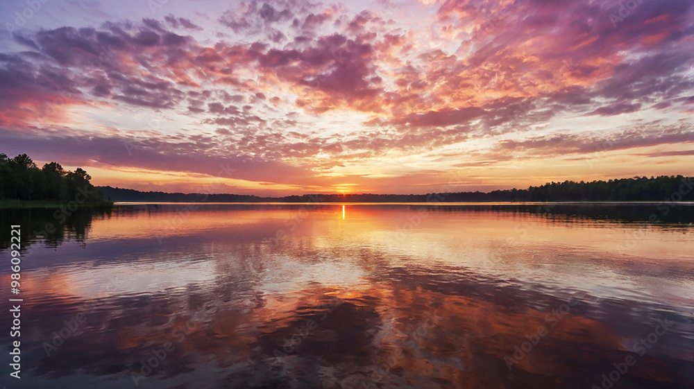 Dawn over a serene lake; golden light illuminates the sky in pink and lavender hues with wispy clouds. Dawn over a serene lake; golden light illuminates the sky in pink and lavender hues with wispy clouds.