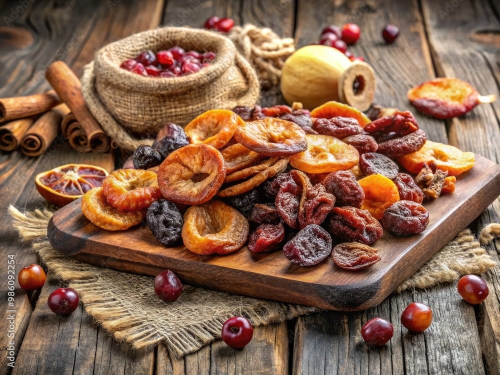 Dried sugary brown fruits adorn a rustic wooden board, their natural sweetness enhanced by the rough-hewn texture. Dried sugary brown fruits adorn a rustic wooden board, their natural sweetness enhanced by the rough-hewn texture.