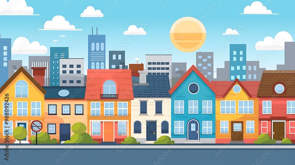 Colorful Cartoon Cityscape With Houses And Buildings Colorful Cartoon Cityscape With Houses And Buildings