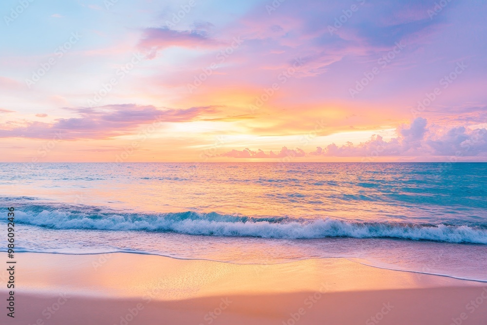 A serene beach scene at sunset with golden sand and a vibrant sky, ideal for summer-themed promotions and travel marketing A serene beach scene at sunset with golden sand and a vibrant sky, ideal for summer-themed promotions and travel marketing