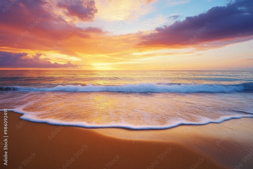 Fototapeta premium A serene beach scene at sunset with golden sand and a vibrant sky, ideal for summer-themed promotions and travel marketing