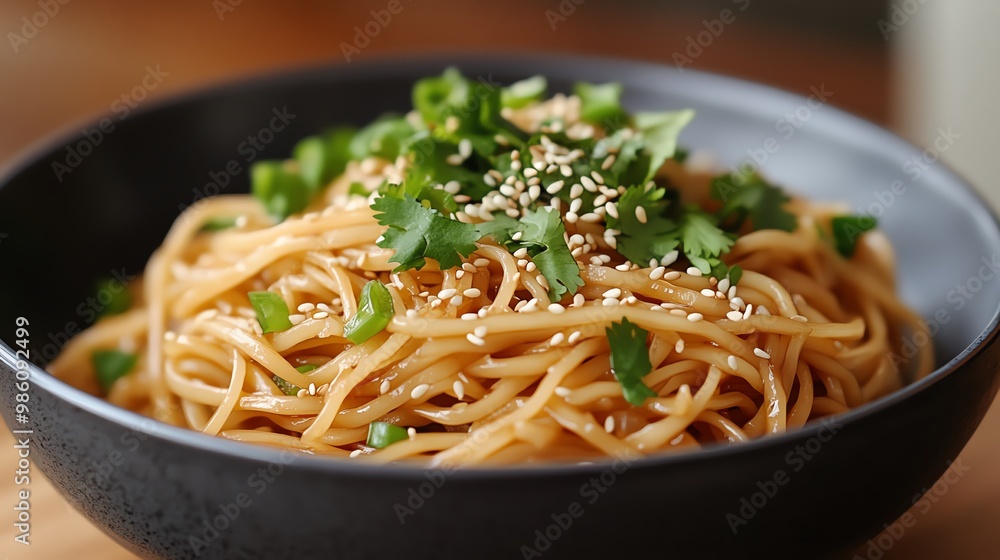 Close-up of a bowl of sesame noodles with scallions and cilantro. Close-up of a bowl of sesame noodles with scallions and cilantro.