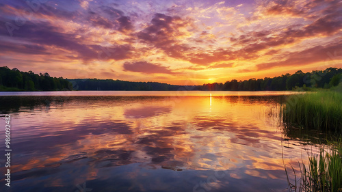 Wallpaper Mural Dawn over a serene lake; golden light illuminates the sky in pink and lavender hues with wispy clouds. Torontodigital.ca