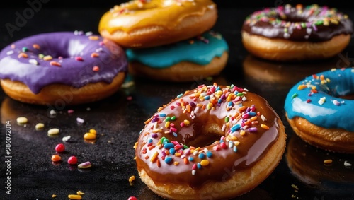 Colorful donuts with sprinkles and glaze drizzled on top