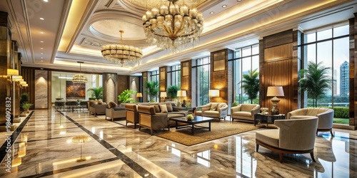 Elegant furnishings and marble floors converge in the lobby, while panoramic windows offer breathtaking city views, setting the tone for a luxurious stay. photo