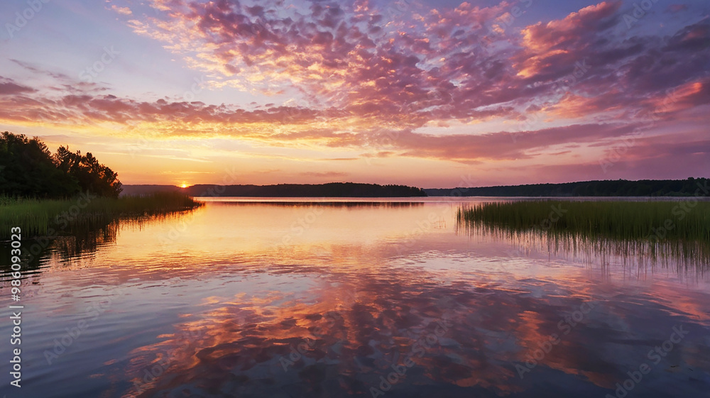 Fototapeta premium Dawn over a serene lake; golden light illuminates the sky in pink and lavender hues with wispy clouds.