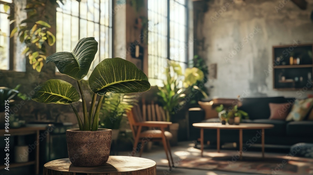 Green potted plant on a wooden table in a living room with windows and a couch. Green potted plant on a wooden table in a living room with windows and a couch.