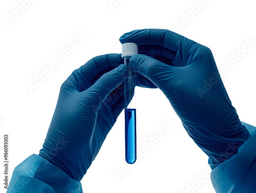 Scientist with blue liquid in a tube isolated on transparent background