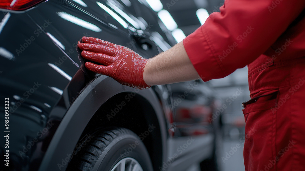 Woman Car waxing in progress in garage Woman Car waxing in progress in garage
