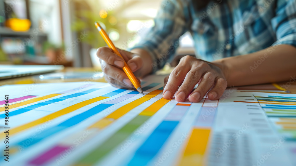Obraz premium Analyzing project data with colorful charts and graphs, focused individual works diligently