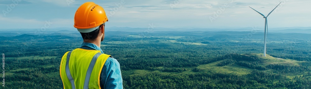 Skilled Technician Scaling Wind Turbine Tower with Panoramic Countryside Vista in Stunning. Skilled Technician Scaling Wind Turbine Tower with Panoramic Countryside Vista in Stunning.