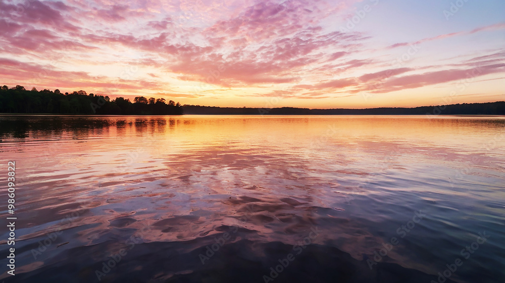 Dawn over a serene lake; golden light illuminates the sky in pink and lavender hues with wispy clouds. Dawn over a serene lake; golden light illuminates the sky in pink and lavender hues with wispy clouds.