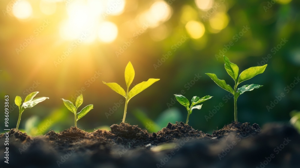 Small green plant saplings growing in rich dark soil in the bright sunlight. Small green plant saplings growing in rich dark soil in the bright sunlight.