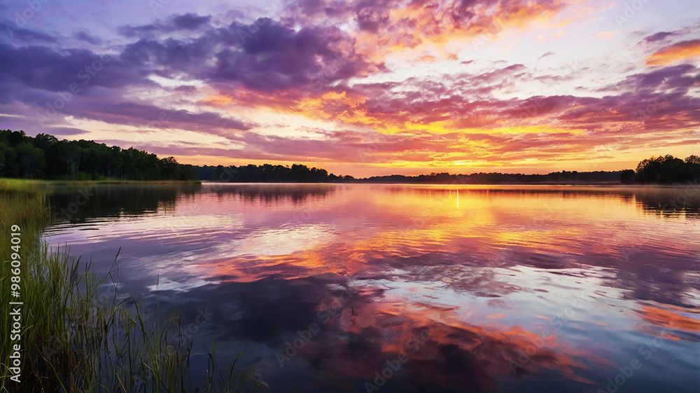 Dawn over a serene lake; golden light illuminates the sky in pink and lavender hues with wispy clouds. Dawn over a serene lake; golden light illuminates the sky in pink and lavender hues with wispy clouds.