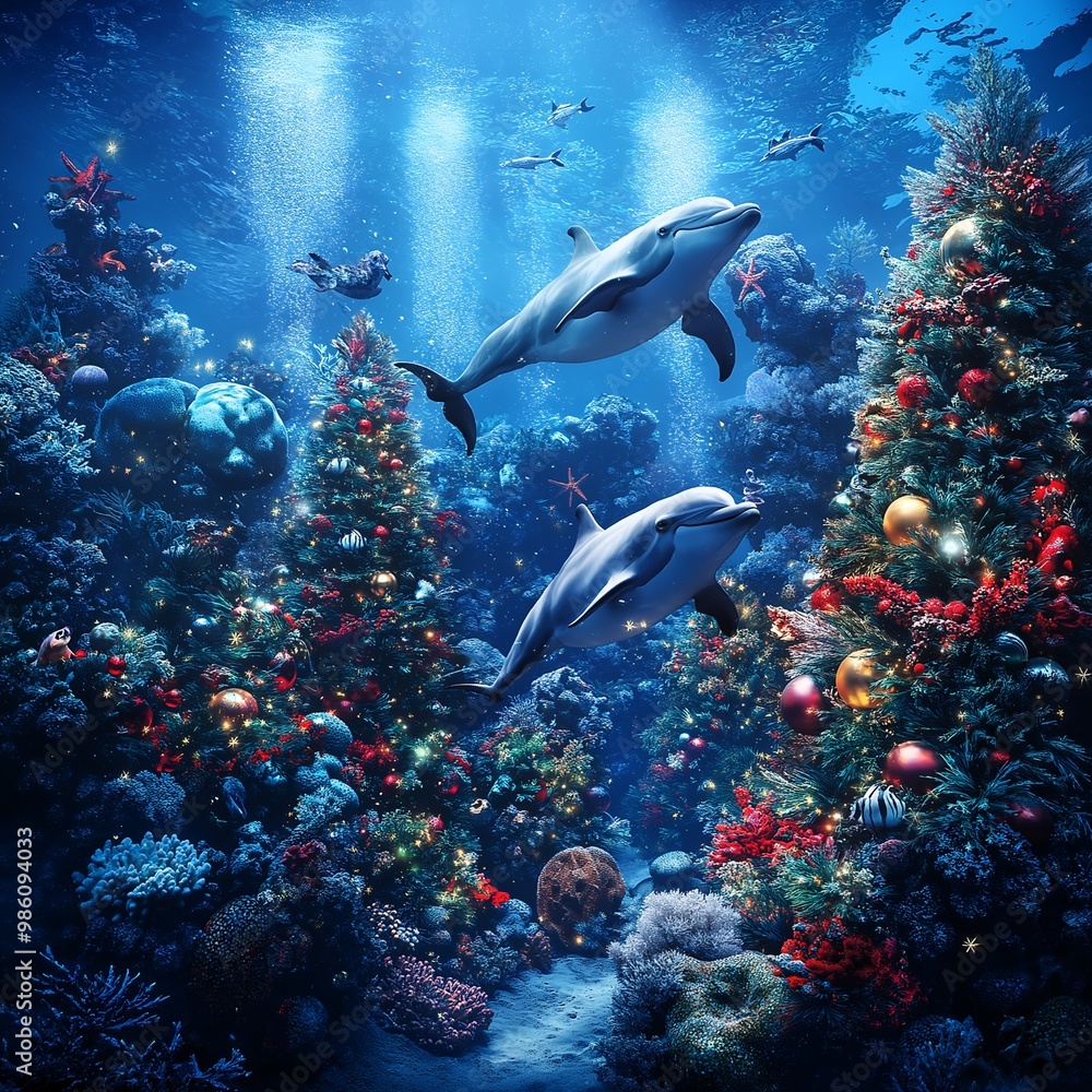 Two dolphins swimming in a Christmas tree underwater. The scene is colorful and festive, with the trees and corals creating a vibrant and lively atmosphere.generative ai illustration. Two dolphins swimming in a Christmas tree underwater. The scene is colorful and festive, with the trees and corals creating a vibrant and lively atmosphere.generative ai illustration.