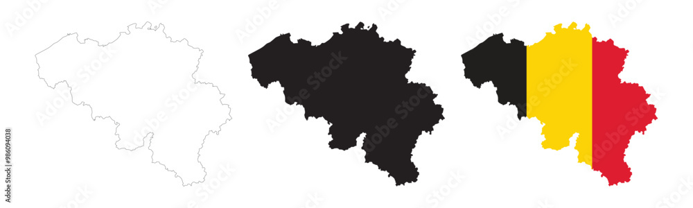 Obraz premium Belgium map in various style outline, icon, black color, border, flag colors. Europe country icons collection. Vector illustration