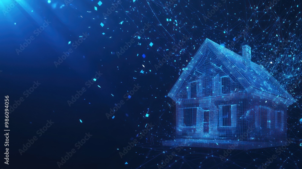 A wireframe of a house with a blue glow. A wireframe of a house with a blue glow.