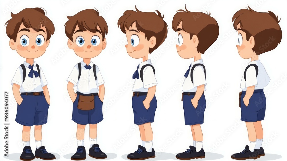 cartoon, brown haired boy, 5 years old, blue eyes, blue school uniform, black shoes cartoon, brown haired boy, 5 years old, blue eyes, blue school uniform, black shoes