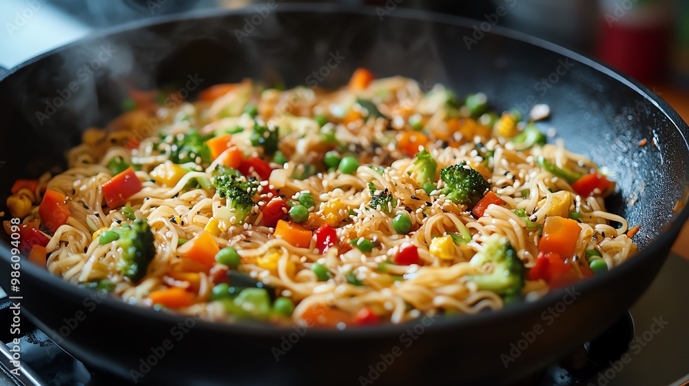 Close-up of a delicious stir-fry with noodles, vegetables, and sesame seeds in a pan. Close-up of a delicious stir-fry with noodles, vegetables, and sesame seeds in a pan.